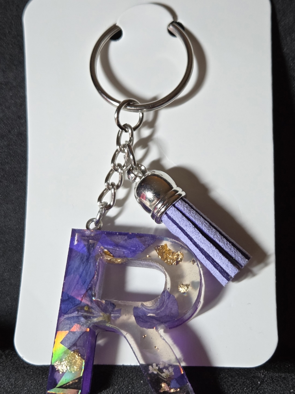 Initial R Purple Resin Letter Keychain with Tassel